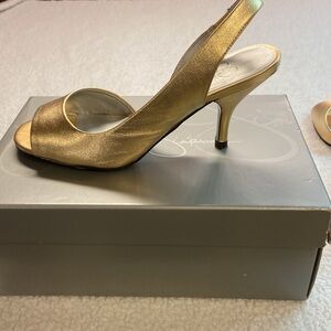 Jessica Simpson Kreme New Sable Metallic Leather Open Toe Slingback Dress Heel 6